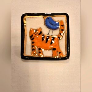 KP Desing Cat &h Bluebird Ceramic Brooch Pin  EUC